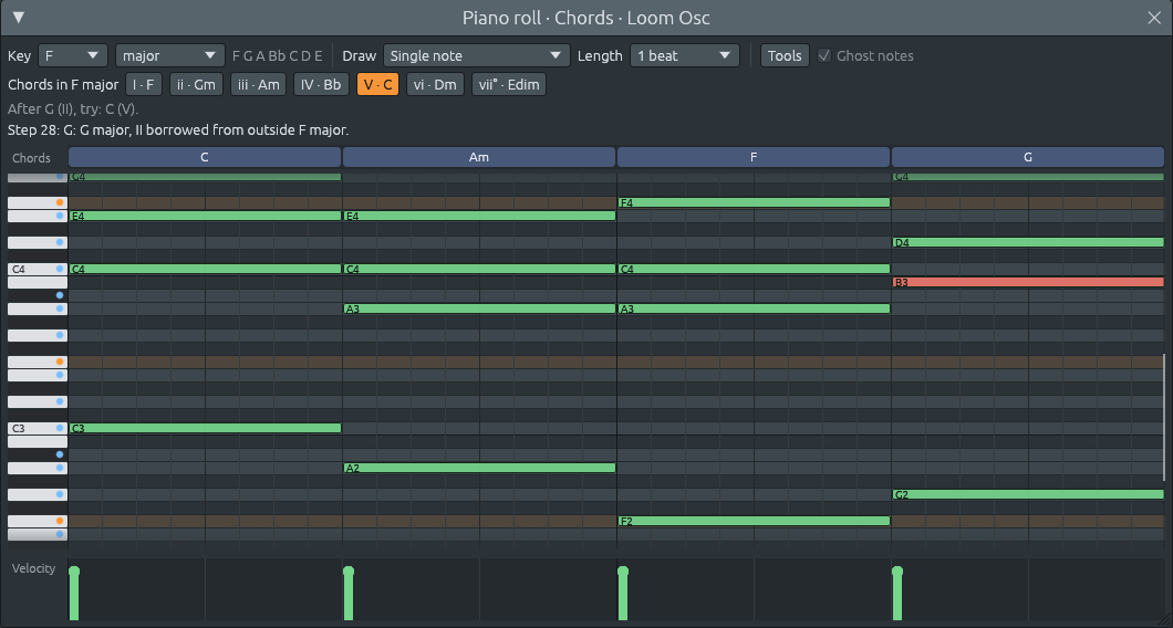 El piano roll en Fa mayor: Si♭ está resaltado, Si no, y las notas Si están en rojo.