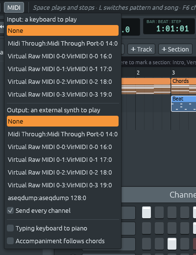 El menú MIDI: las entradas y salidas de un equipo con puertos MIDI virtuales, Enviar todos los canales, Teclado del equipo como piano y El acompañamiento sigue los acordes.