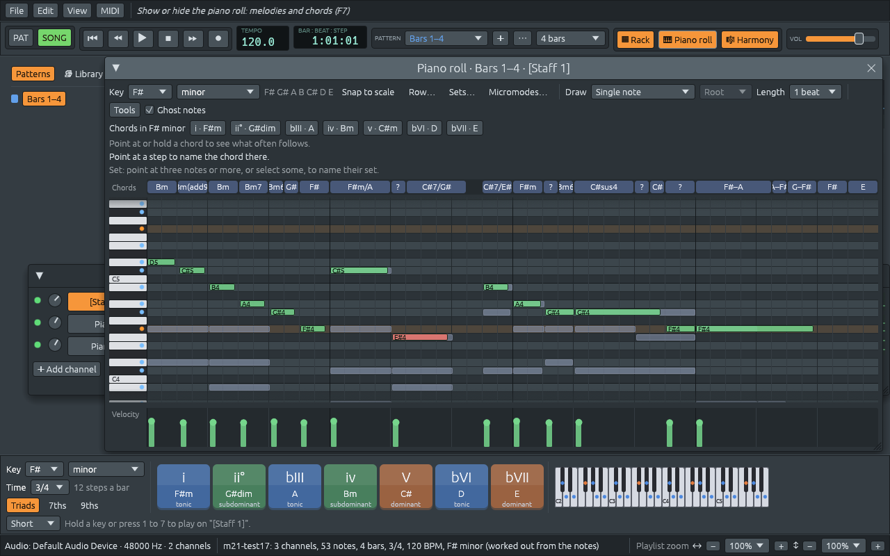 Un archivo cuyas notas están un poco fuera de la cuadrícula, como cuando una pieza se toca en un teclado: en el piano roll las notas empiezan un poco después o antes de las líneas de paso, y las barras de velocidad de abajo tienen todas alturas distintas.