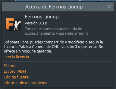 Ayuda > Acerca de Ferrous Lineup: la versión, la licencia y los enlaces.
