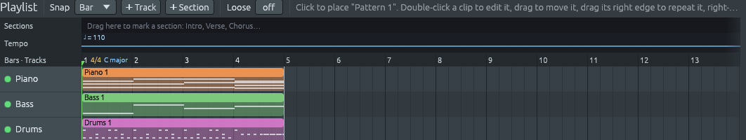 La lista de reproducción con las tres pistas de la banda: Piano 1, Bass 1 y Drums 1, de cuatro compases cada una