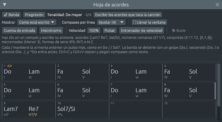 La hoja de acordes en solfeo: Lam7 y Re7 en el compás 9, y Sol7/Si, escrito como G7/B, en el compás 10.