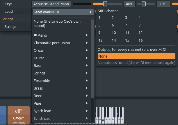 El menú de instrumento de los Teclados en el mezclador: Enviar por MIDI, con sus dieciséis canales MIDI y la salida (este equipo no tiene ninguna), encima de los instrumentos General MIDI.