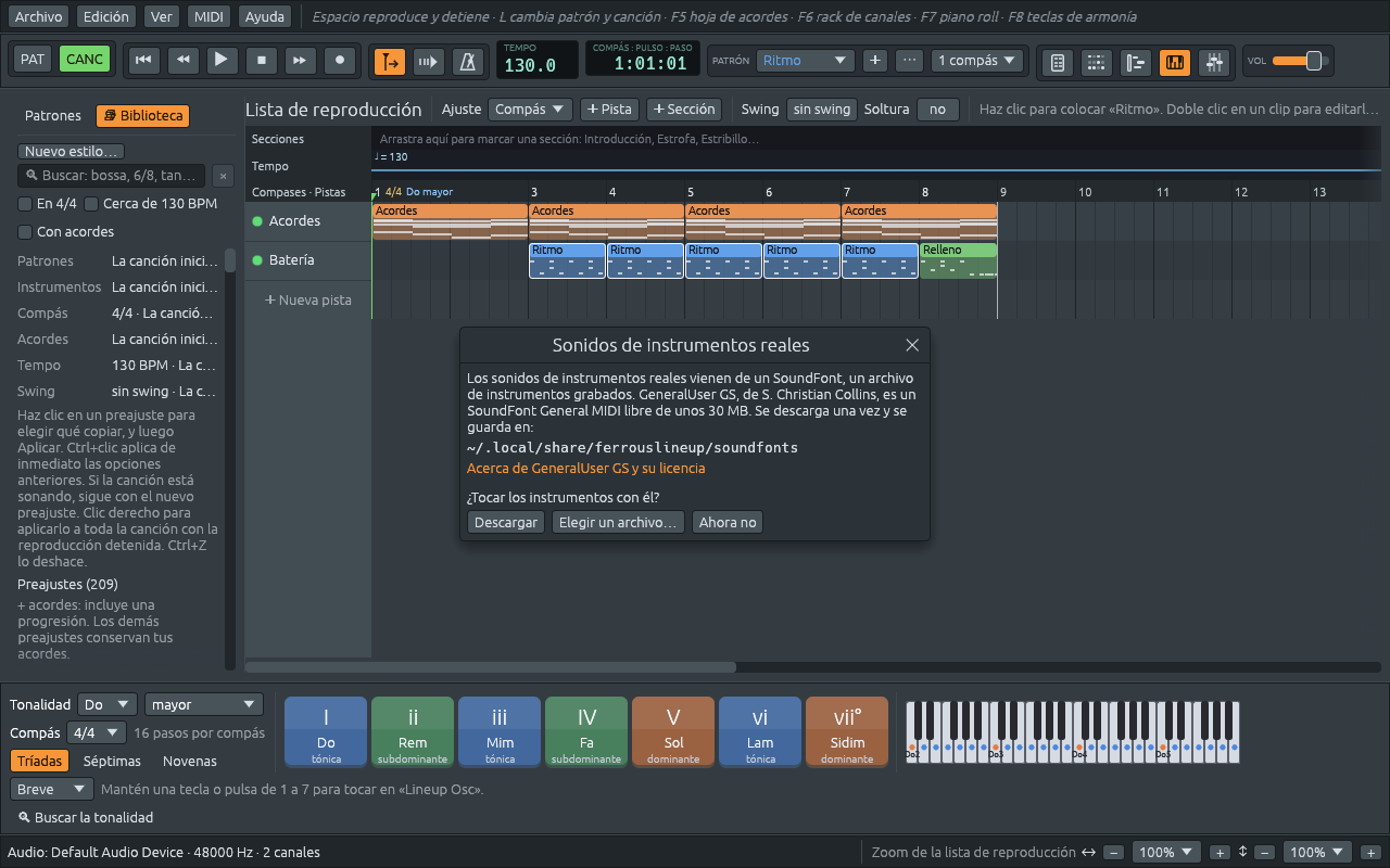 La aplicación al abrirse: sobre la canción inicial, la ventana «Sonidos de instrumentos reales» ofrece GeneralUser GS, unos 30 MB, pregunta «¿Tocar los instrumentos con él?» y tiene Descargar, Elegir un archivo… y Ahora no