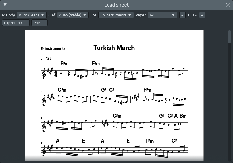 La Marcha turca para instrumentos en Mi bemol: «E♭ instruments» arriba a la izquierda, Fa sostenido menor con tres sostenidos, Do sostenido menor con cuatro desde el compás 4, Fa sostenido menor otra vez desde el compás 6, y los acordes F♯m, C♯m, G♯ y C♯
