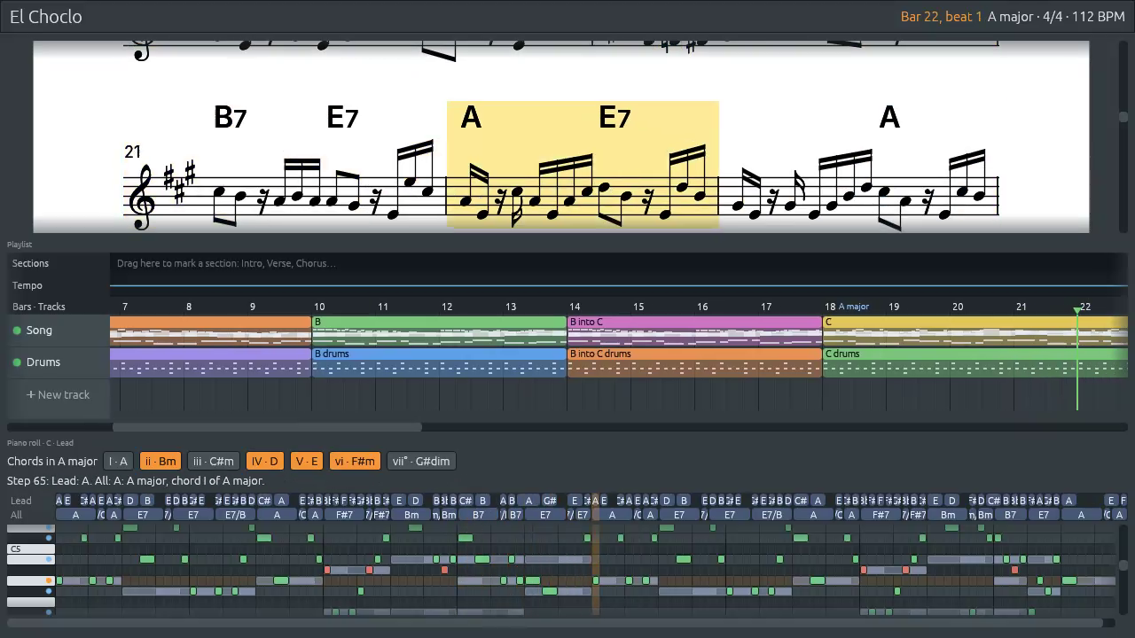 Partitura guía, lista de reproducción y piano roll juntos