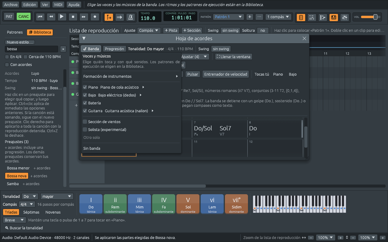 El menú Banda de una bossa nova: Formación de instrumentos, luego Piano, Bajo, Batería y Guitarra marcados con sus instrumentos, Sección de vientos, Solista (experimental), Otro solo y Sin banda