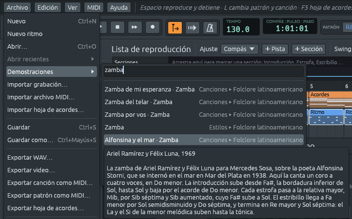 Archivo > Demostraciones con «zamba» escrito en su casilla de búsqueda: Zamba de mi esperanza, Zamba del telar y Zamba por vos, cada una seguida de «Canciones ▸ Folclore latinoamericano», el estilo Zamba, seguido de «Estilos ▸ Folclore latinoamericano», y Alfonsina y el mar. El puntero está sobre Alfonsina y el mar, cuyas notas dicen quién la escribió, para quién, y cómo se mueve su armonía.