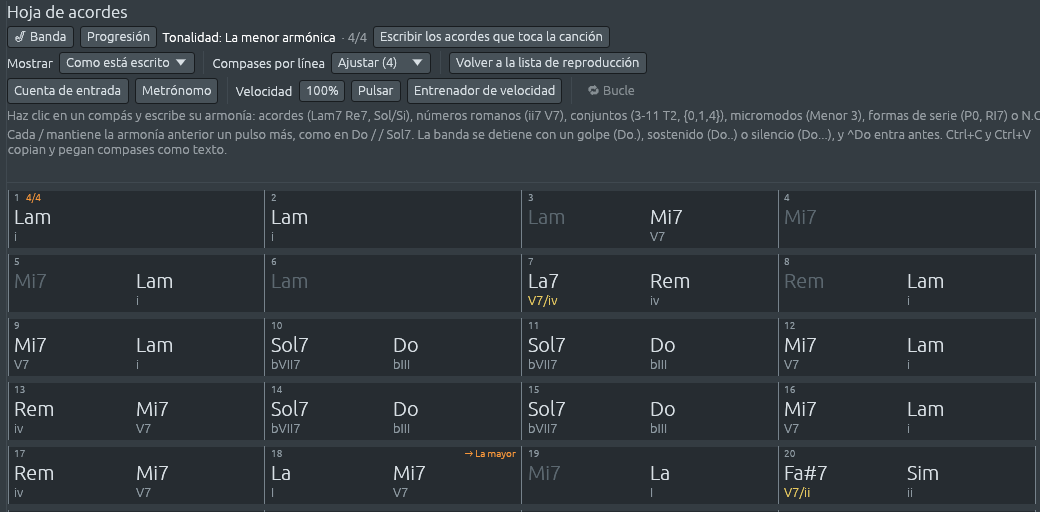 La hoja de acordes de la demostración El Choclo, en La menor armónica: los compases 1 a 20 con Lam y Mi7 (i, V7), La7 (V7/iv, en amarillo) que lleva a Rem (iv), la segunda parte sobre Sol7 y Do (bVII7, bIII), y en el compás 18 «→ La mayor», La y Mi7 (I, V7), luego Fa#7 (V7/ii, en amarillo) a Sim (ii)