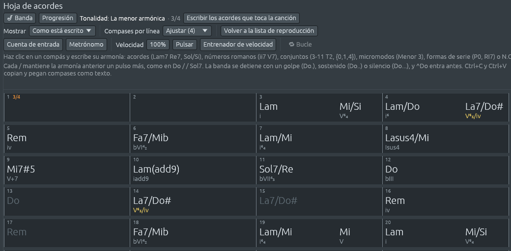 La hoja de acordes de la demostración Misa Criolla: Kyrie, en La menor armónica y 3/4: los compases 3 a 12 dicen Lam Mi/Si, Lam/Do La7/Do#, Rem, Fa7/Mib, Lam/Mi, Lasus4/Mi, Mi7#5, Lam(add9), Sol7/Re, Do, con sus números debajo, i V⁶₄, i⁶ V⁶₅/iv (en amarillo), iv, bVI⁴₂, i⁶₄, Isus4, V+7, iadd9, bVII⁴₃, bIII