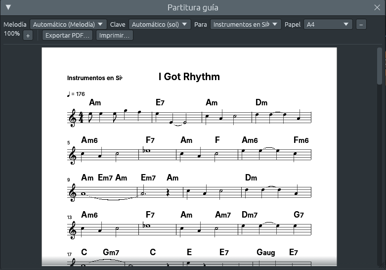 La ventana Partitura guía con la demostración I Got Rhythm, escrita para instrumentos en Si♭: «Instrumentos en Si♭» arriba a la izquierda de la página, la clave de sol sin armadura, ♩ = 176, y los acordes Am, E7, Am, Dm, luego Am6, F7, Am, F, Am6, Fm6 sobre la melodía; los números de compás 5, 9, 13 y 17 empiezan las líneas