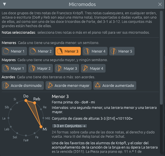 La ventana Micromodos: las tres familias, Menores (Menor 1 a 5), Mayores (Mayor 1 a 4) y Acordes (Acorde disminuido, Acorde menor-mayor, Acorde aumentado), y Menor 3 dibujado en un reloj como un triángulo Do, Reb, Mi, con su forma prima do - do# - mi, sus intervalos, el conjunto 3-3 [014] con un botón a la ventana Conjuntos, y dónde se oye