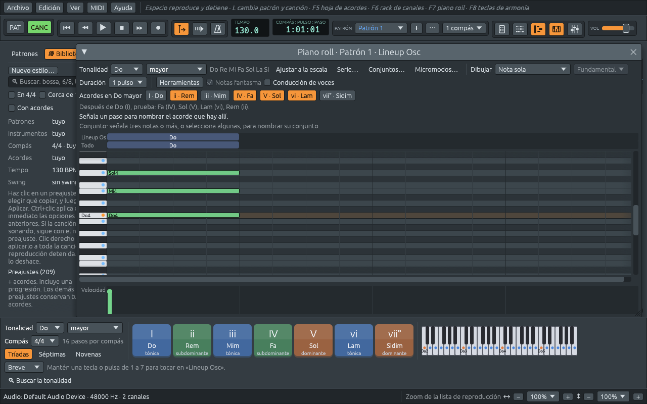 El piano roll con un acorde de Do mayor dibujado en el primer pulso: las notas Do4, Mi4 y Sol4, y el nombre del acorde, Do, encima de la cuadrícula