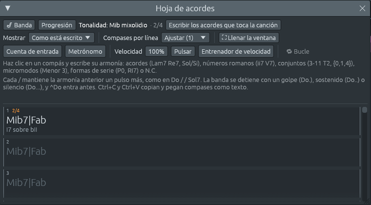La hoja de acordes de la demostración La consagración de la primavera, Augurios primaverales: la tonalidad Mi♭ mixolidio, 2/4, y el compás 1 con Mib7|Fab, y «I7 sobre bII» debajo; los compases 2 y 3 iguales, atenuados