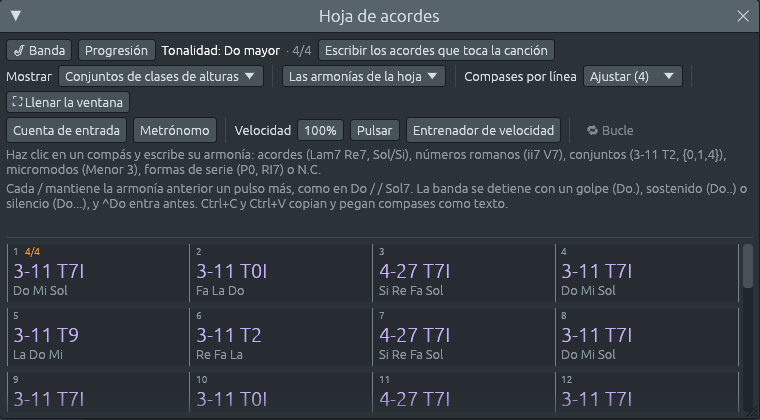 La hoja de acordes de la demostración Cadencia clásica con Mostrar en Conjuntos de clases de alturas: Do, Fa, Sol7, Do, Lam, Rem, Sol7, Do escritos como 3-11 T7I (Do Mi Sol), 3-11 T0I (Fa La Do), 4-27 T7I (Si Re Fa Sol), 3-11 T7I, 3-11 T9 (La Do Mi), 3-11 T2 (Re Fa La), 4-27 T7I y 3-11 T7I, cada uno con sus notas debajo