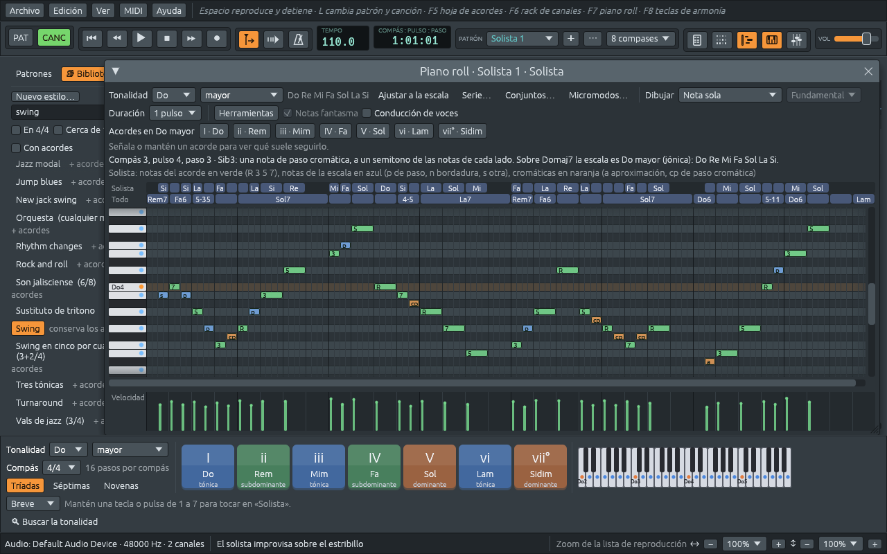 La parte del solista en el piano roll: notas en verde, azul y naranja, cada una marcada R, 3, 5, 7, p, n, a o cp, y sobre la cuadrícula una frase que explica la nota bajo el puntero y la escala sobre su acorde