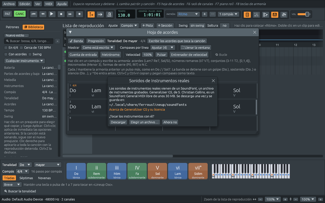 La aplicación al abrirse por primera vez: la ventana Sonidos de instrumentos reales, sobre la hoja de acordes de la canción inicial, ofrece GeneralUser GS y pregunta «¿Tocar los instrumentos con él?», con Descargar, Elegir un archivo… y Ahora no