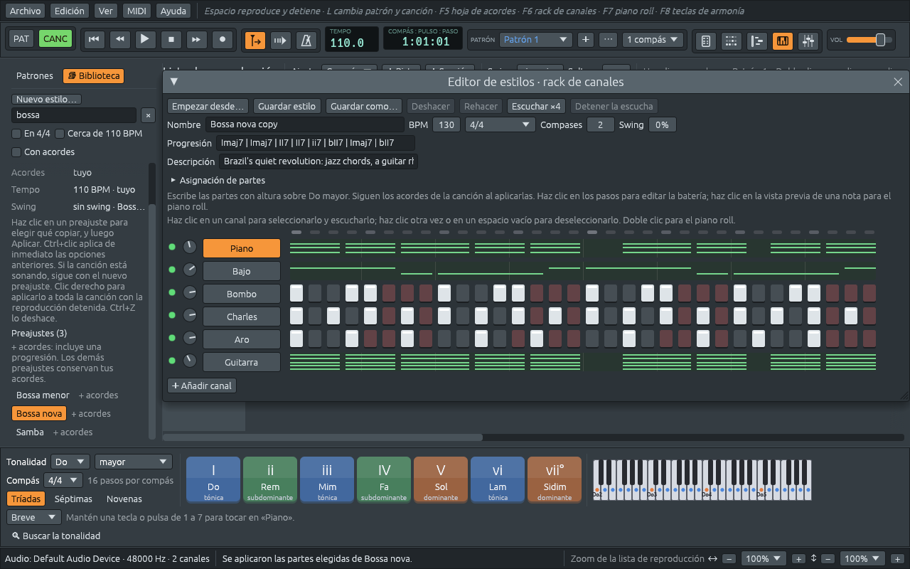 El editor de estilos sobre una copia de Bossa nova: Empezar desde…, Guardar estilo, Guardar como…, Deshacer, Rehacer, Escuchar ×4 y Detener la escucha arriba, luego Nombre, BPM, el compás, Compases, Swing, Progresión, Descripción y Asignación de partes, y los canales del estilo: Piano, Bajo, Bombo, Charles, Aro y Guitarra