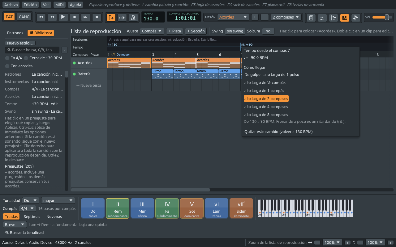 La franja de tempo de la canción inicial con un cambio en el compás 7 marcado «rit. → 90», y su menú abierto: Tempo desde el compás 7, ♩ = 90.0 BPM, Cómo llegar con De golpe, a lo largo de 1 pulso, a lo largo de ½ compás, a lo largo de 1 compás, a lo largo de 2 compases (encendido), a lo largo de 4 compases y a lo largo de 8 compases, la línea «De 130 a 90 BPM. Frenar de a poco es un ritardando (rit.).» y Quitar este cambio (volver a 130 BPM)