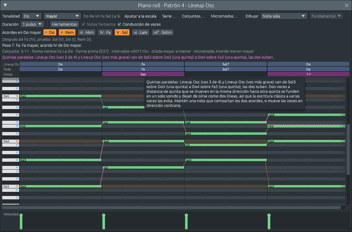 Cuatro partes en Do mayor en el piano roll, Do, Fa, Sol7 y Do, un pulso cada acorde, con Conducción de voces marcada. La fila Voces marca 5as sobre Fa y 7.ª sobre el último Do. Una línea de color une las notas de cada parte, y un contorno de trazos en Mi4 muestra adónde debería haber ido la séptima. El puntero está sobre el bloque 5as: «Quintas paralelas: Lineup Osc (voz 3 de 4) y Lineup Osc (voz más grave) van de Sol3 sobre Do3 (una quinta) a Do4 sobre Fa3 (una quinta), las dos suben. Dos voces a distancia de quinta que se mueven en la misma dirección hacia otra quinta se funden en un solo sonido y dejan de oírse como dos líneas, así que la escritura clásica a varias voces las evita. Mantén una nota que compartan los dos acordes, o mueve las voces en dirección contraria.»