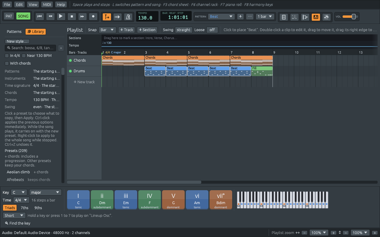 Ferrous Lineup as it opens: the Library on the left, the demo song on the playlist, and the harmony keys of C major along the bottom.