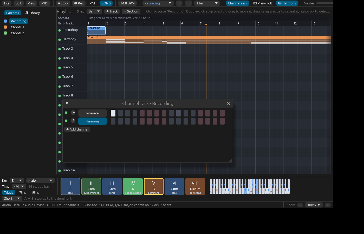 Vibe Ace imported, with the harmony keys following its chords