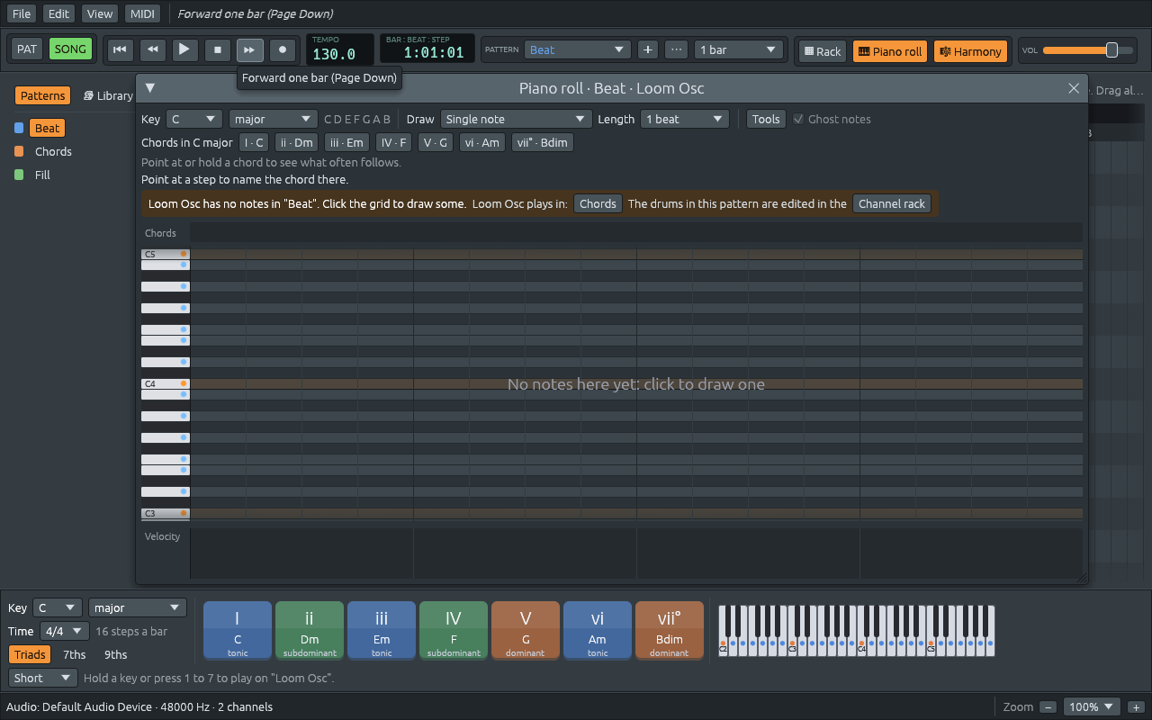 The piano roll on “Beat”: a coloured line says Lineup Osc has no notes there, with a button for “Chords”, where it does, and one for the channel rack, where the drums of “Beat” are edited.