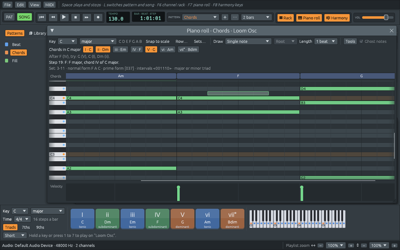 The piano roll zoomed wider and taller, then scrolled sideways. The keyboard stays at the left, and the chord and velocity lanes stay lined up with the grid.