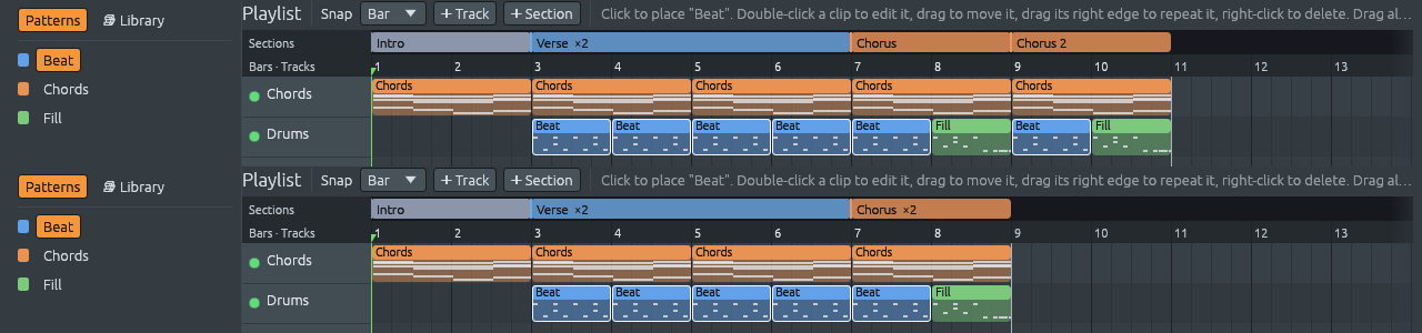 Before (bottom) and after (top) writing out the repeats of “Chorus ×2”.