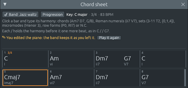 The chord sheet with the notice “You edited the piano: the band keeps it as you left it.” and a “Play it again” button