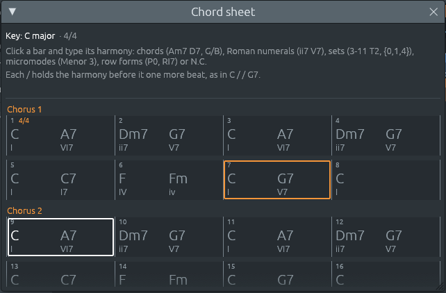 The same sheet while the song plays: bar 9 framed in white, its C bright, the rest dimmed