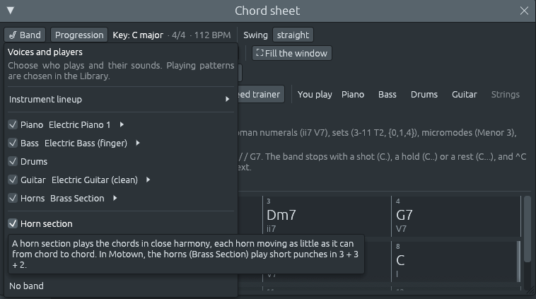The Band menu with Horn section ticked, and its hint: “A horn section plays the chords in close harmony, each horn moving as little as it can from chord to chord. In Motown, the horns (Brass Section) play short punches in 3 + 3 + 2.”