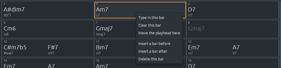 The menu on bar 3 of Embraceable You: type in it, clear it, move the playhead there, insert a bar before or after it, or delete it.