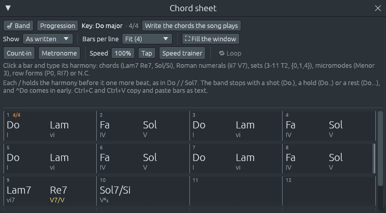 The chord sheet in solfège: Lam7 and Re7 in bar 9, and Sol7/Si, typed as G7/B, in bar 10.