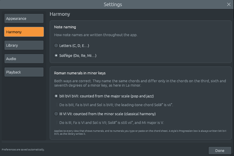 Settings > Harmony, with solfège chosen: the examples for minor-key numerals follow it, Do is bIII in La minor.