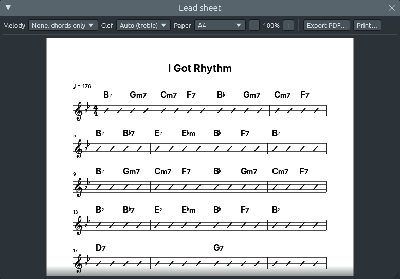 The same song with None: chords only: four slashes in every bar under the chord symbols