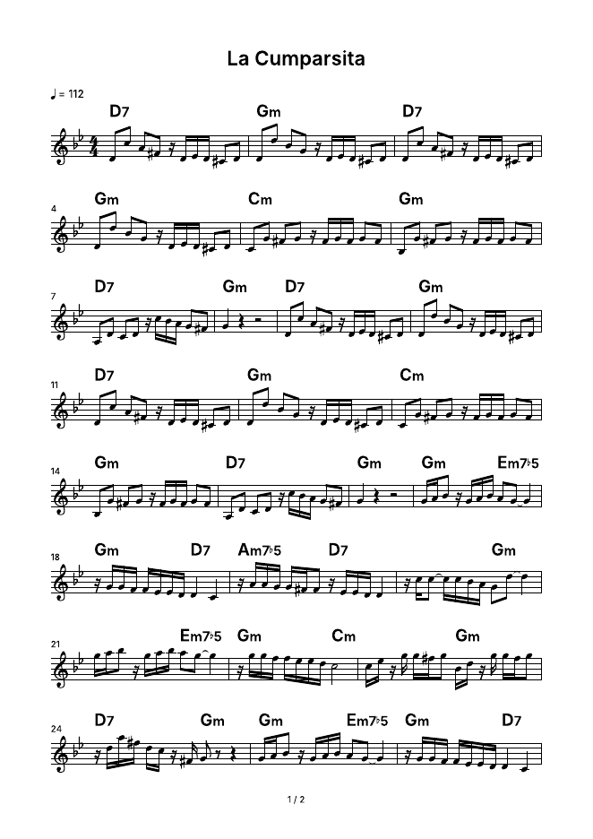 The first page of La Cumparsita as a PDF: the title, a tempo mark “quarter = 112”, a treble staff in G minor with two flats, chord symbols D7, Gm, Cm, Em7b5, Am7b5, and bar numbers 4, 7, 11 at the start of each line