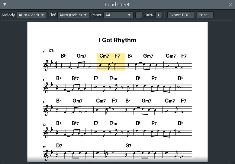 The Lead sheet window on I Got Rhythm in B flat major while it plays: the melody on a treble staff with two flats, chord symbols above (Bb, Gm7, Cm7, F7), four bars to a line, and bar 2 lit in yellow