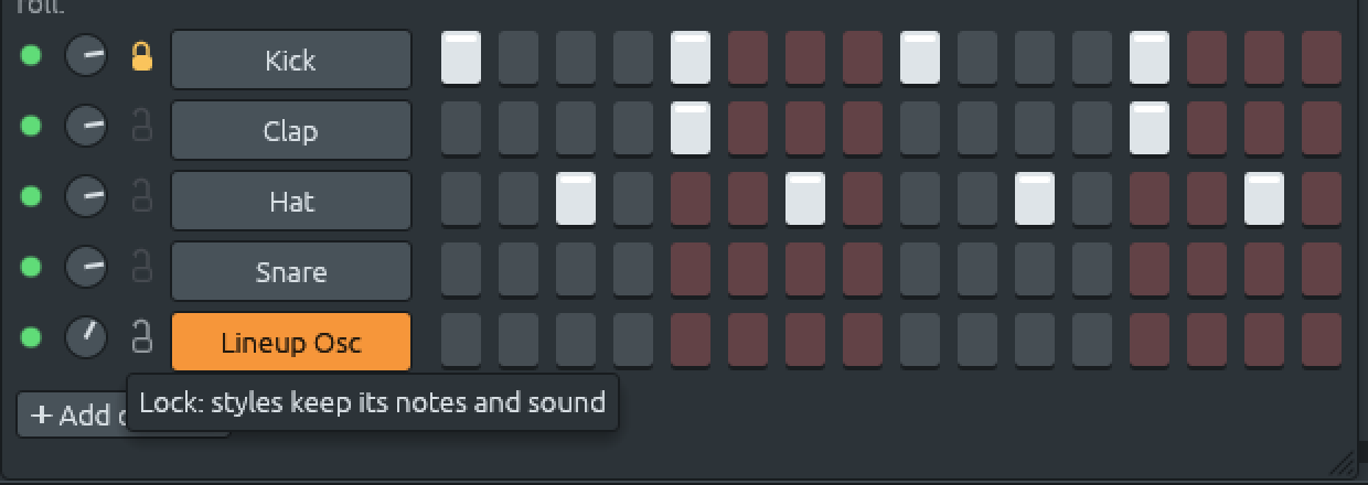 The channel rack: a small padlock between each channel’s knob and its name. Kick’s padlock is lit and closed; Clap, Hat, Snare and Lineup Osc have faint, open ones. The hint reads “Lock: styles keep its notes and sound”.