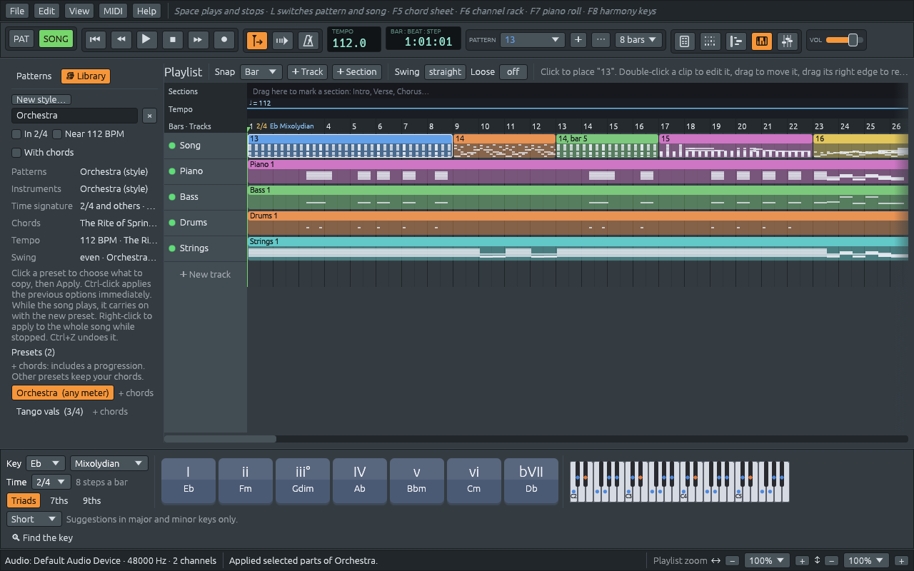 The Augurs of Spring after Apply: under the Song track, the Piano, Bass and Drums tracks have short strokes in bars 3 and 5 to 8, none in bars 9 to 13, and more from bar 14; the Strings track holds chords all along.