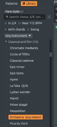 The Library with the Classical and film group open and “Orchestra (any meter)” lit, between “Neapolitan” and “Picardy third”.