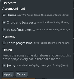 The Orchestra popup: Drums, Chord and bass parts and Voices / instruments ticked, Chord progression not ticked, and under Timing: “Keeps the song’s time signatures and tempo: this preset plays every bar in that bar’s meter.”