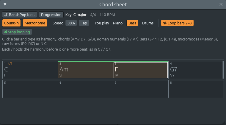 The chord sheet with its practice row: Count-in and Metronome lit, Speed 80%, Tap, “You play” with Bass lit, “Loop bars 2–3” lit and “✖ Stop looping”; bars 2 and 3 shaded, with a green line along their top, and bar 3 framed in white as it plays