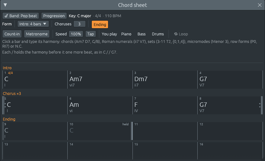 The chord sheet with its form row: “Intro: 4 bars”, Choruses 3, Ending lit. The sheet reads Intro (C, Am7, Dm7, G7), then “Chorus ×3” between repeat signs (C, Am, F, G7), then Ending (C, then C again with “held” and the final bar line)