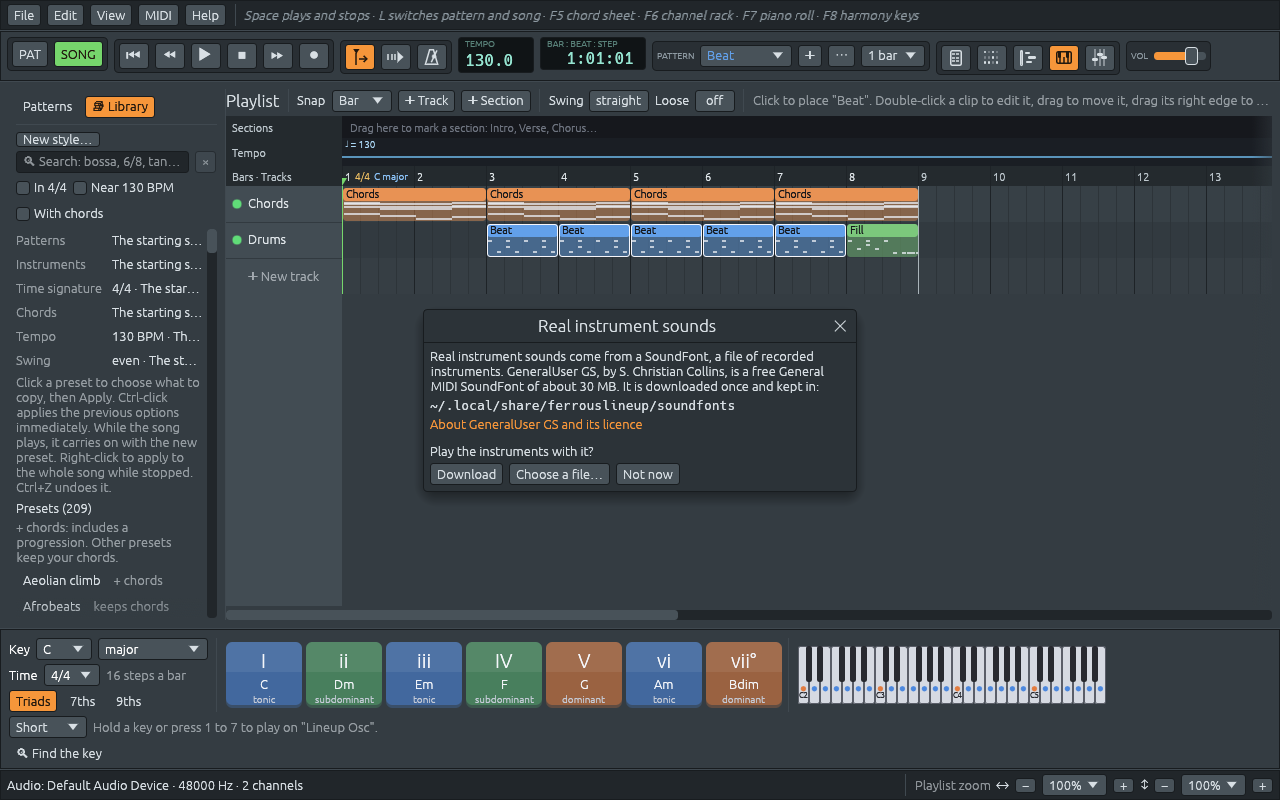 The app as it opens: over the starting song, the “Real instrument sounds” window offers GeneralUser GS, about 30 MB, asks “Play the instruments with it?” and has Download, Choose a file… and Not now