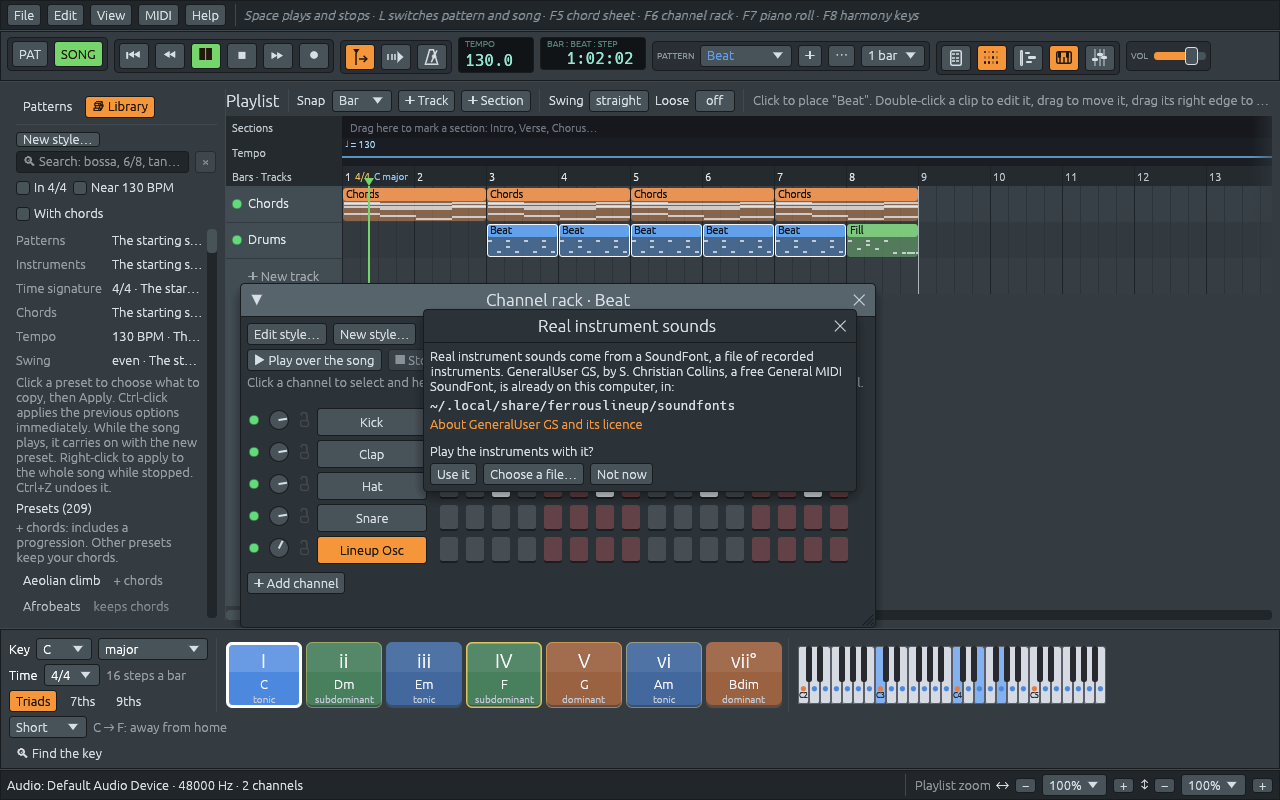 GeneralUser GS already on disk: the window says so, asks “Play the instruments with it?”, and has Use it, Choose a file… and Not now