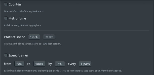 Settings, Playback, Practice: Count-in, Metronome, Practice speed 100% with Reset, then Speed trainer with “from 70% to 100% by 5% every 1 pass”