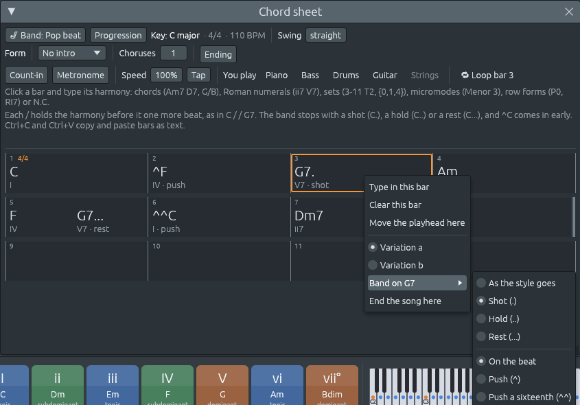 The chord sheet with C, ^F, G7., Am.. in the first row and F G7…, ^^C, Dm7, G7 in the second. Under each harmony, its numeral and its mark: “IV · push”, “V7 · shot”, “vi · hold”, “V7 · rest”. Bar 3 is right-clicked, and the menu “Band on G7” is open: “As the style goes”, “Shot (.)” (chosen), “Hold (..)”, “Rest (…)”, then “On the beat” (chosen), “Push (^)” and “Push a sixteenth (^^)”
