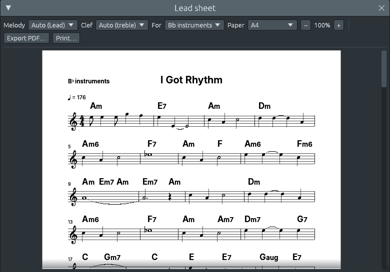 The lead sheet of I Got Rhythm for Bb instruments: “B♭ instruments” at the top left, no key signature, the chords Am, E7, Am, Dm, then Am6, F7, Am, F, Am6, Fm6