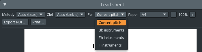 The Lead sheet window’s toolbar with the For menu open: Concert pitch, Bb instruments, Eb instruments and F instruments